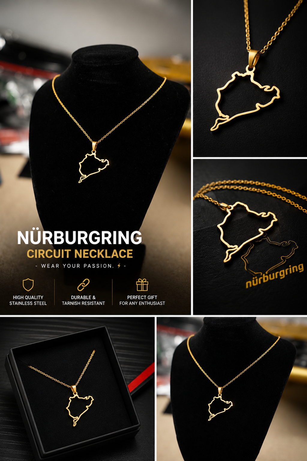 Nurburgring NBR Nordschleife Silhouette Racetrack Necklace Chain & Pendant (Unisex)