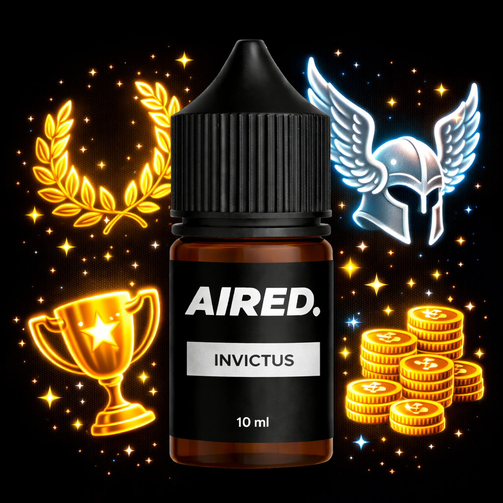 AIRED Invictus vape juice bottle with decorative elements on a black background
