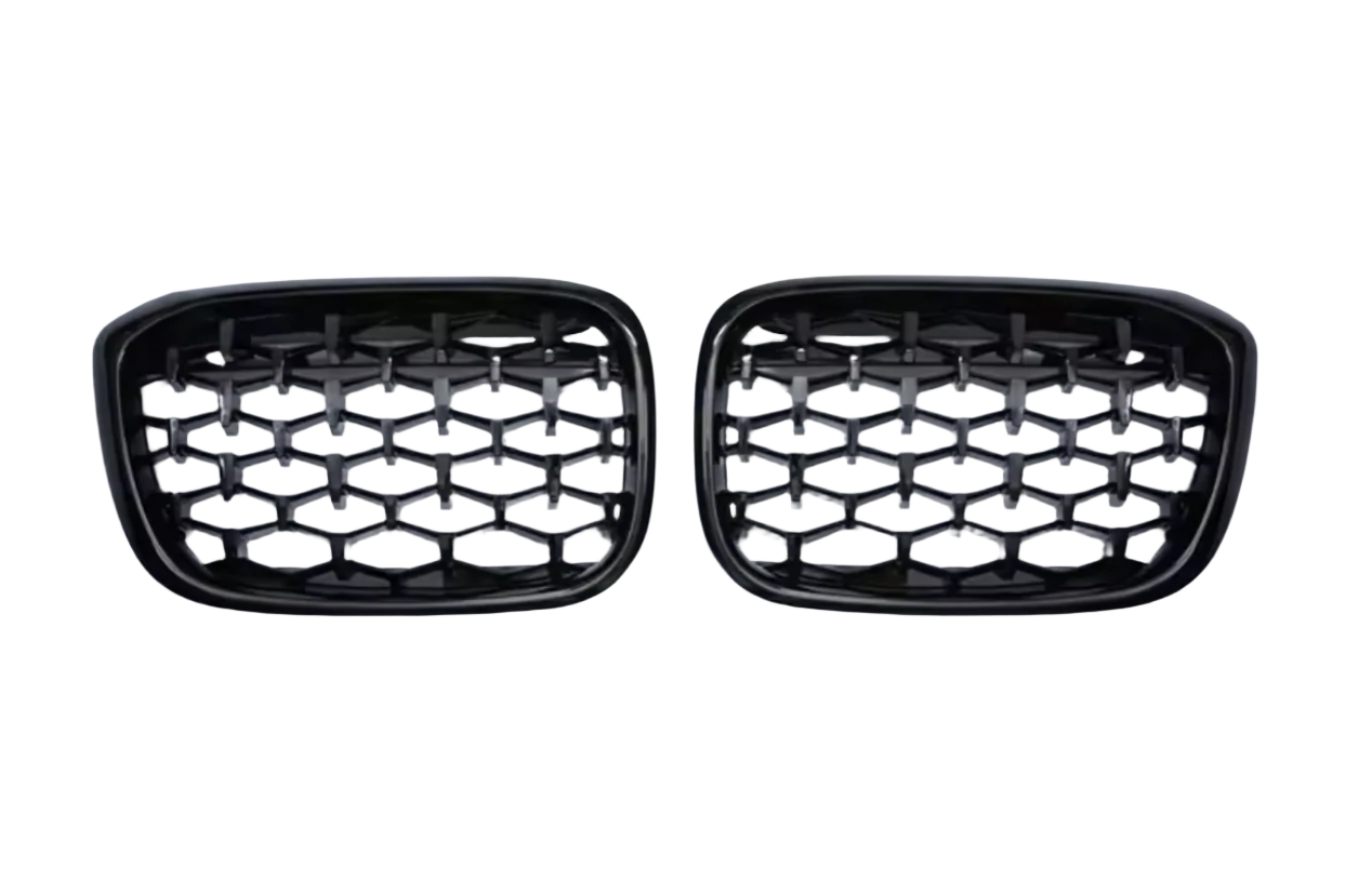 Pair of black honeycomb car grilles on a white background