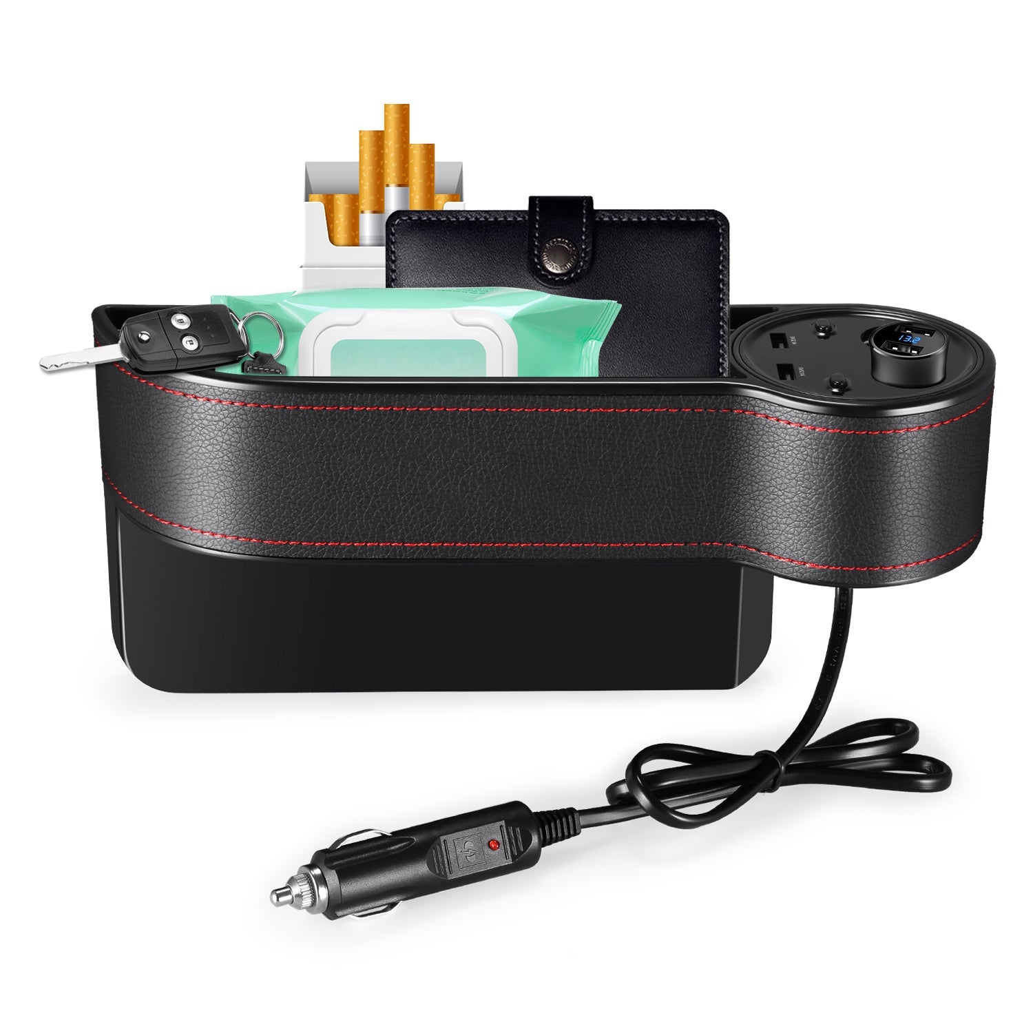 ZEEPIN C15 Multi-use Car Seat Gap Storage Box Voltage Display 2 Cigar Lighters - Diversion Stores Car Parts And Modificaions