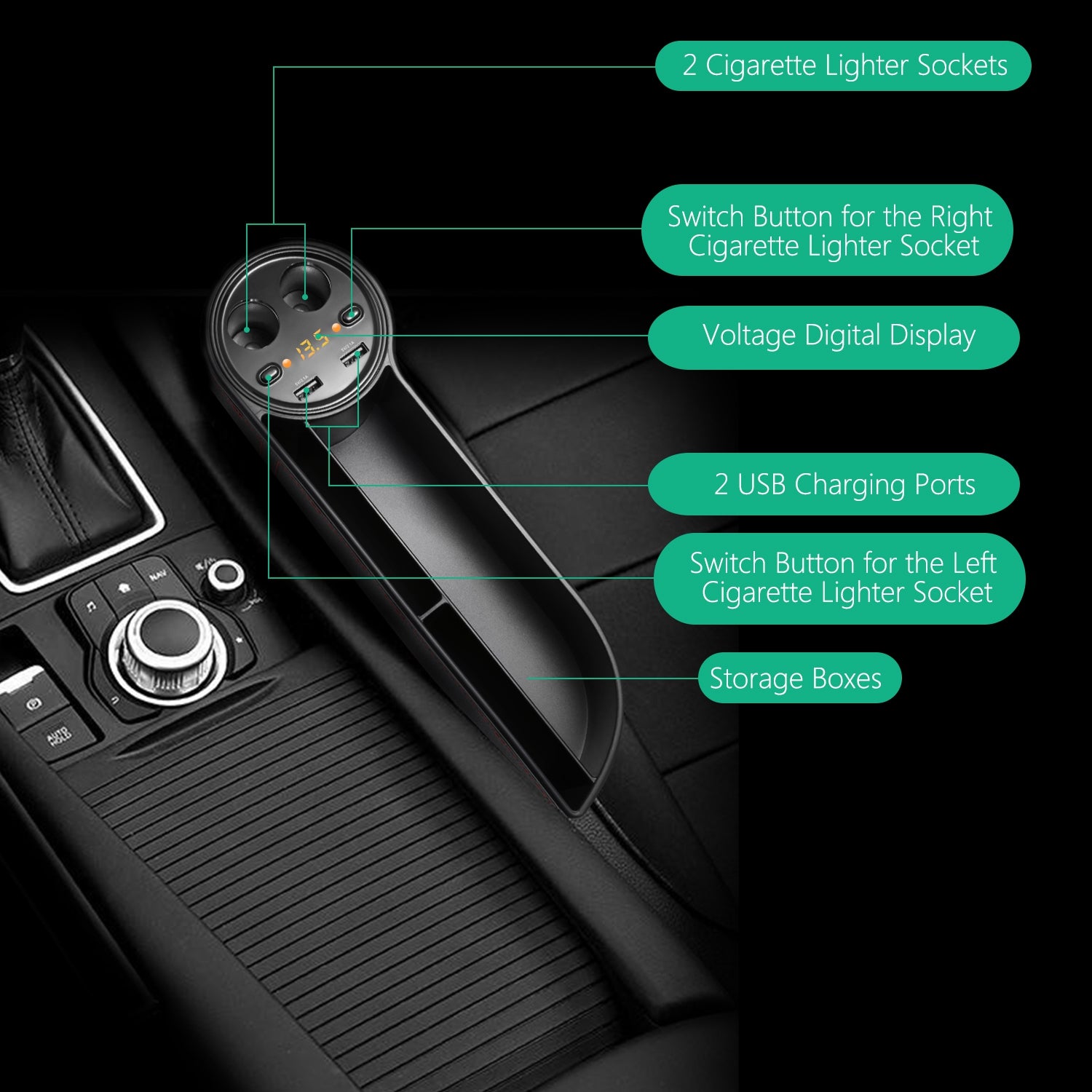 ZEEPIN C15 Multi-use Car Seat Gap Storage Box Voltage Display 2 Cigar Lighters - Diversion Stores Car Parts And Modificaions