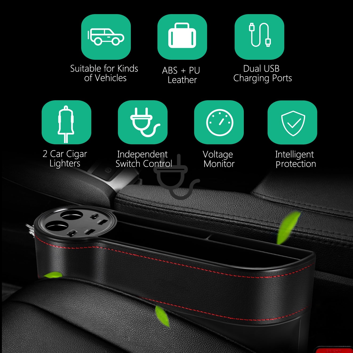 ZEEPIN C15 Multi-use Car Seat Gap Storage Box Voltage Display 2 Cigar Lighters - Diversion Stores Car Parts And Modificaions