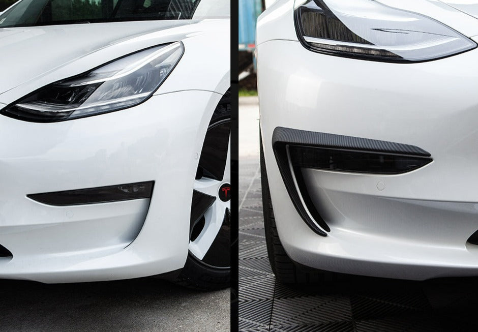 Tesla Model 3 Front Gloss Black / Carbon Fibre Look Canard Set (2017 Onwards)