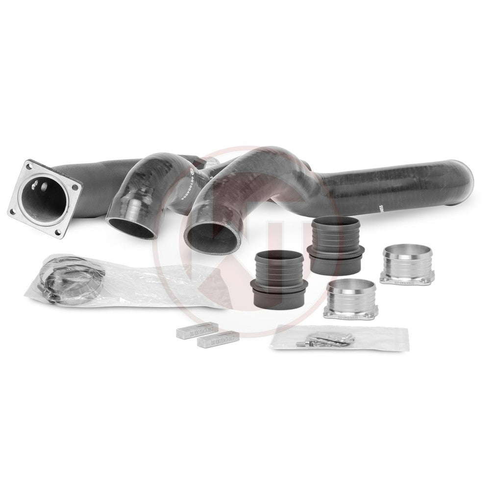 Wagner Tuning Mercedes (CL)A250 Ø65mm Charge Pipe KitThe offered Ø65mm charge air piping, including the matching silicone hoses, is only suitable for WagnerTuning high performance intercooler 200001058. Kit comes with: 3 aluminium adapter (black anodized) 1 Ø65mm aluminium charge pipe 2 silicone hoses 1 mounting material