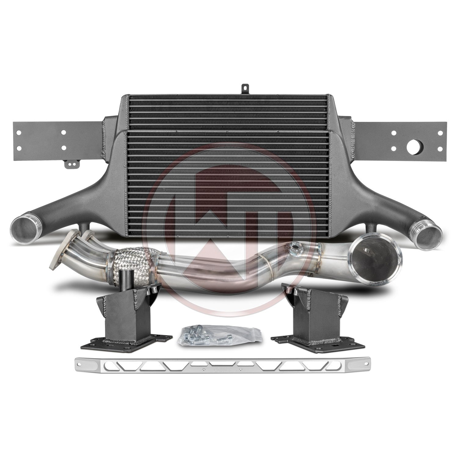 The competition package for theAudi RS3 8V Sportback/Sedan 294KW/400PS (08/2017+) consists of the Intercooler Upgrade Kit EVO3 and the Downpipe Kit. Intercooler Upgrade Kit 200001081 The high performance intercooler has the following core dimension (515mm x 367mm x 95mm = 16,5L/14,45Inch x 3,74Inch = 1006,9Inch³) and this offers a 84% larger cooling surface and 101% more charge air volume compared to the original intercooler. Our engineers have increased the intercooler core size and efficiency, as well a