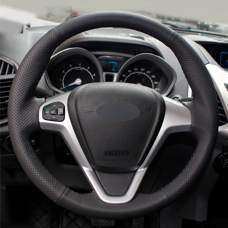 Ford Fiesta MK7 & MK7.5 / Ecosport Stitch On Steering Wheel Cover (Perforated Leather + Smooth Leather / 2009-18)