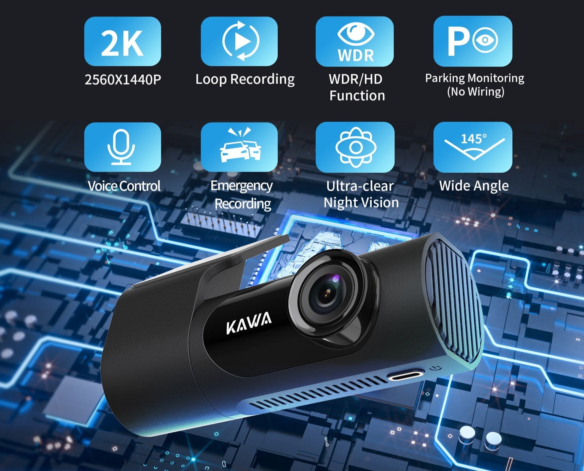 Kawa D6 High Resolution Vehicle Dashboard Camera / Dash Cam (HD1440p) UNIVERSAL