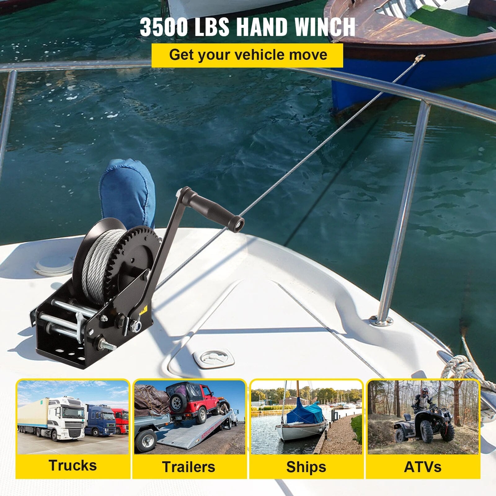 VEVOR Hand Winch 3500LBS Capacity Heavy Duty Brake Winch W/ 10m Steel Rope