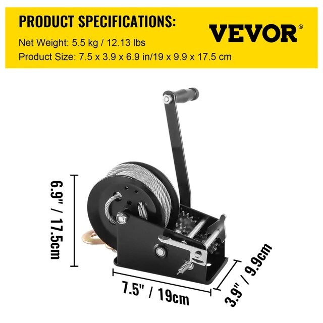 VEVOR Hand Winch 3500LBS Capacity Heavy Duty Brake Winch W/ 10m Steel Rope