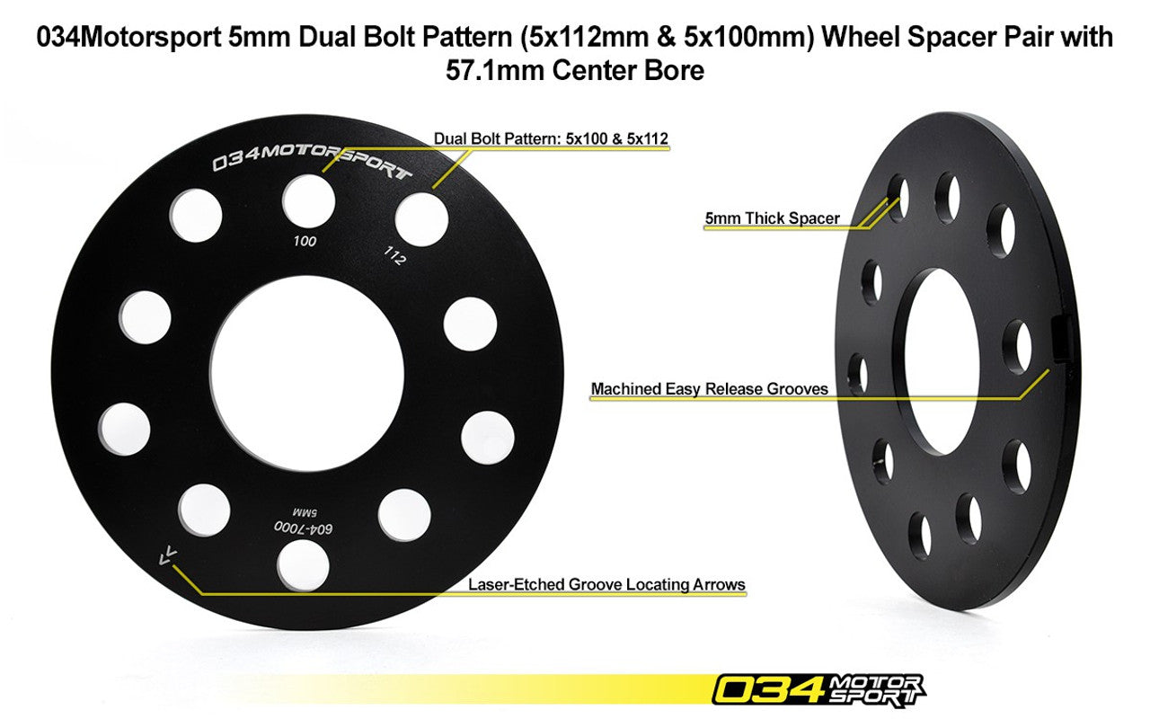 034Motorsport Wheel Spacer Pair, 5mm, Audi/Volkswagen 5x112mm & 5x100mm with 57.1mm Center Bore
