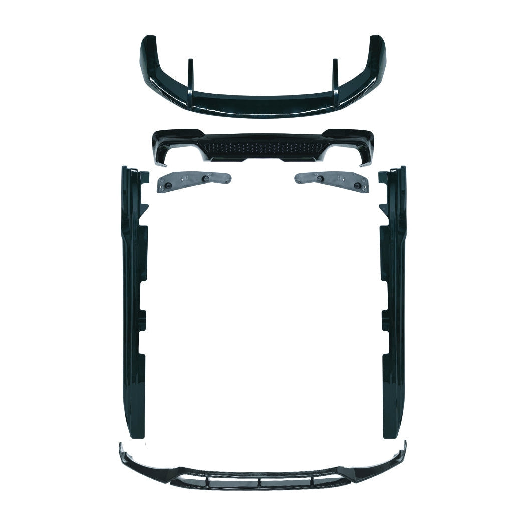 A set of black automotive body trim pieces and small mounting hardware arranged vertically on a plain white background.