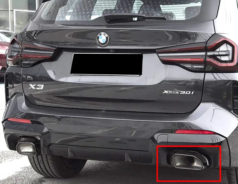 BMW X3 car with a highlighted exhaust system modification note.