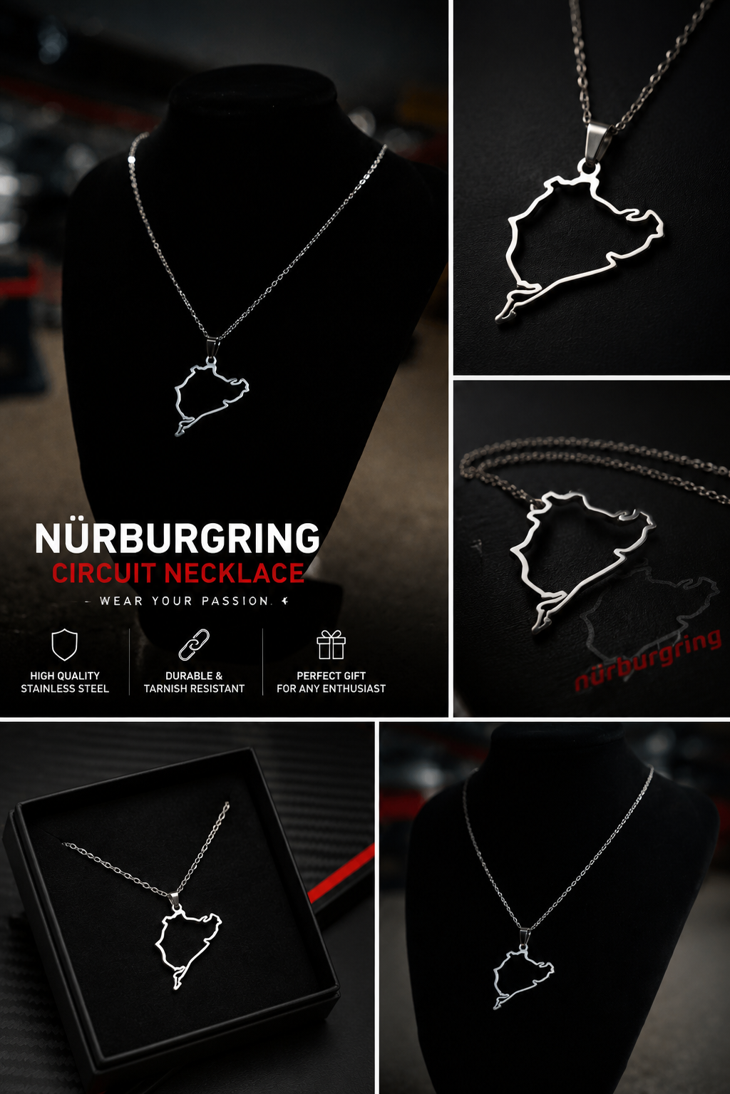 Nurburgring NBR Nordschleife Silhouette Racetrack Necklace Chain & Pendant (Unisex)