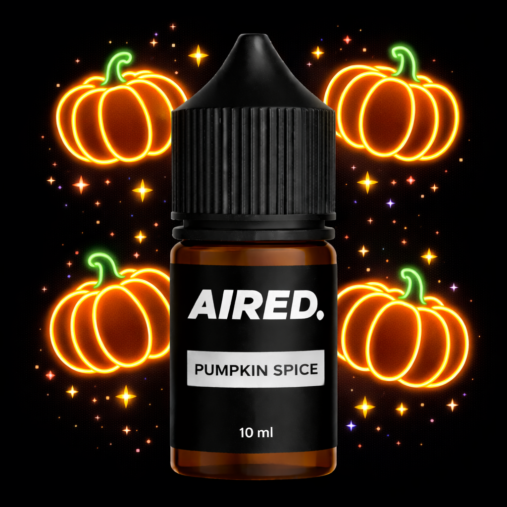AIRED Pumpkin Spice vape juice bottle with neon pumpkins on a black background