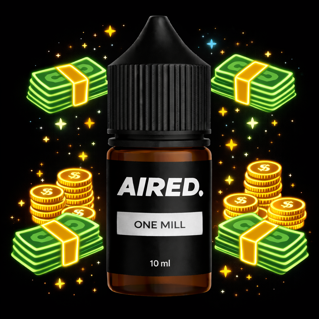 AIRED e-liquid bottle with money graphics on a black background