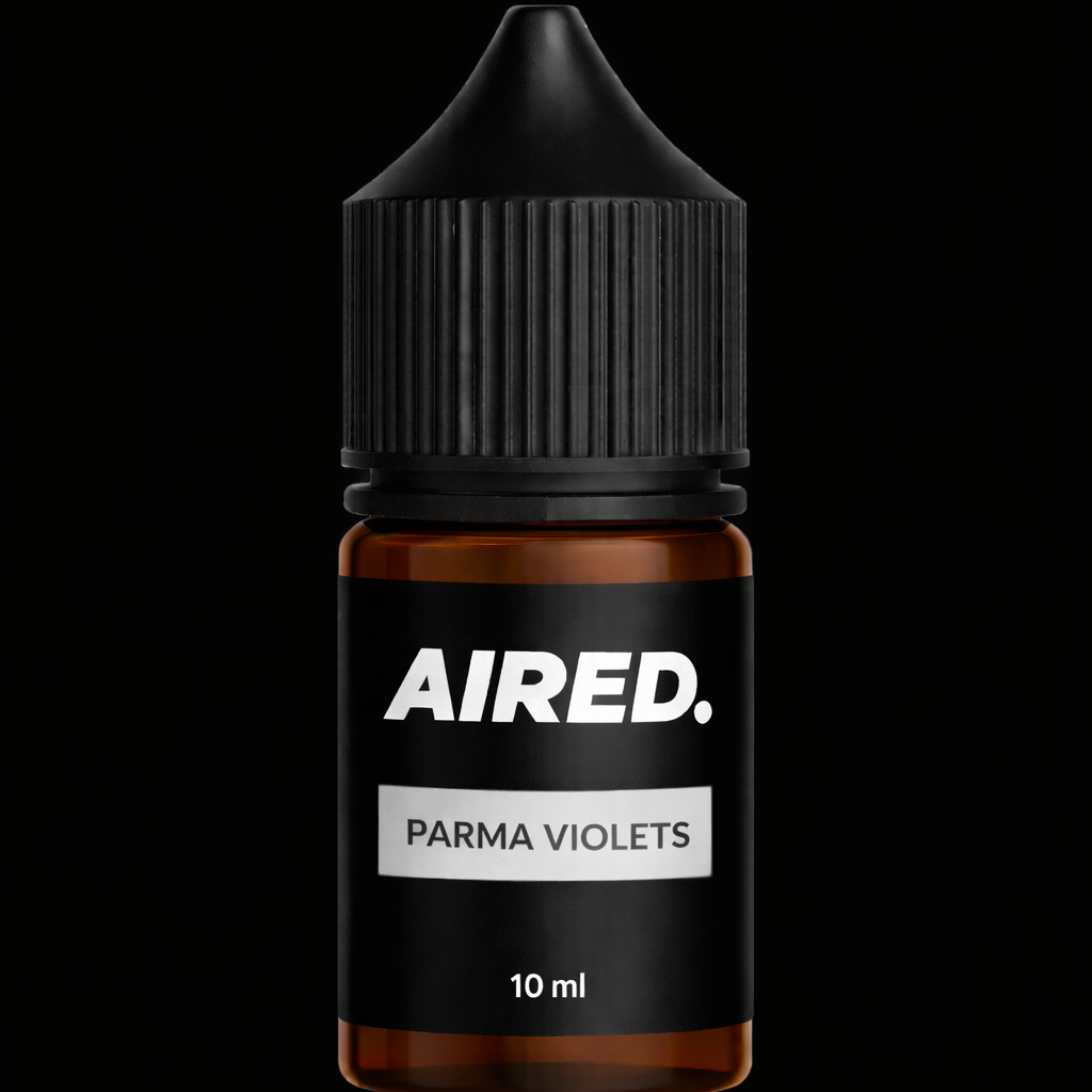 Bottle of AIRED Parma Violets e-liquid on a black background