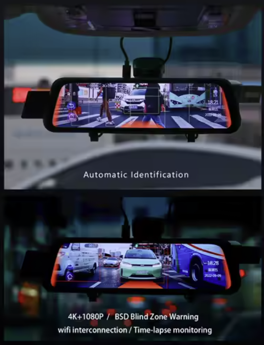 DIVEYE - 9.66-inch Touch Screen Dashcam / Mirror (Front 4K and Rear 1080P) + ADAS and BSD Functions