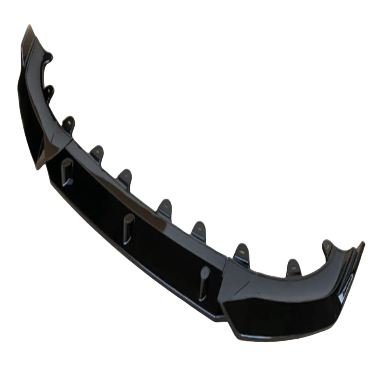 A curved black carbon fiber front spoiler with a visible woven carbon fiber pattern, shown against a plain white background.