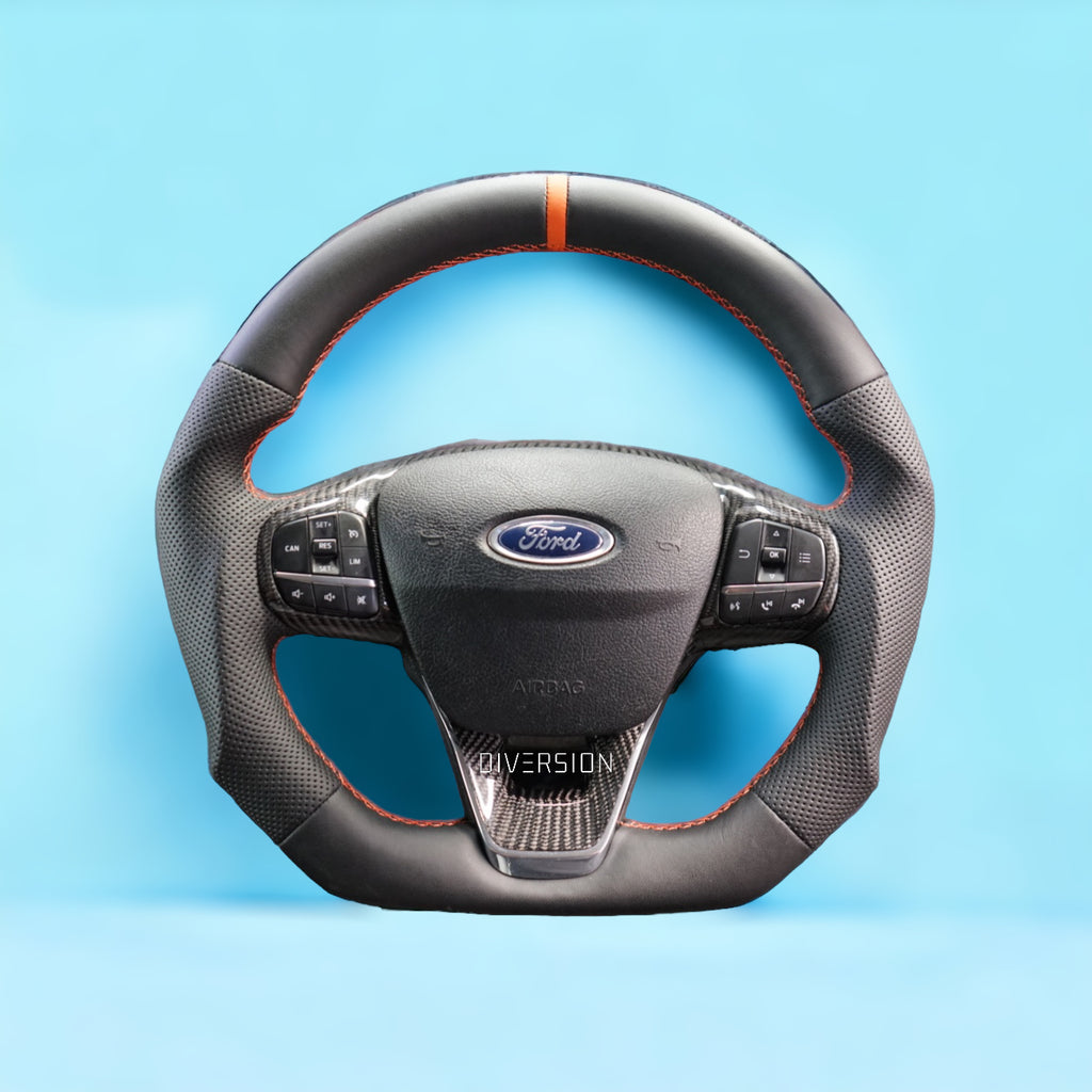 Black Leather Steering Wheel Cover For Ford Transit Custom 2013+ – Light Grey Stitching